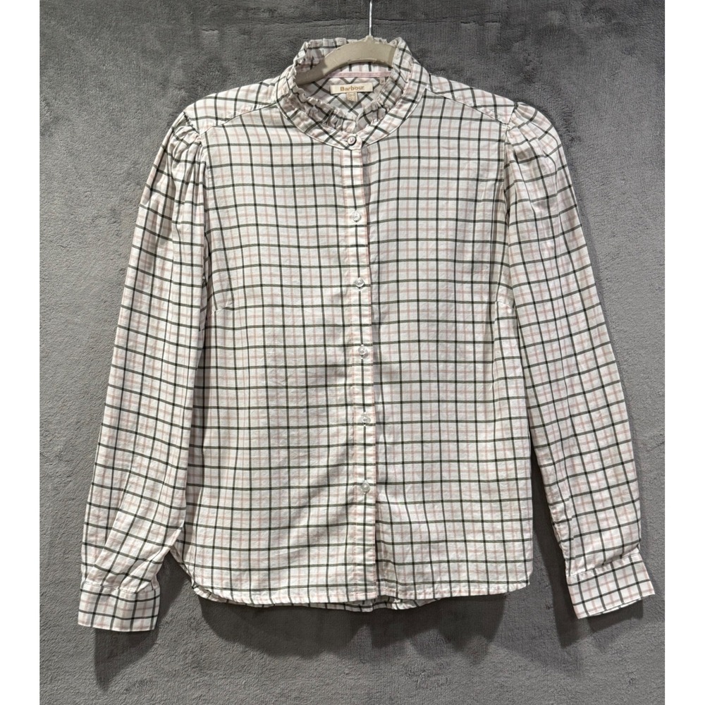 Barbour Daffodil Shirt Pink Green Plaid Ruffle Collar Puff Sleeve‎ Cotton Size 6